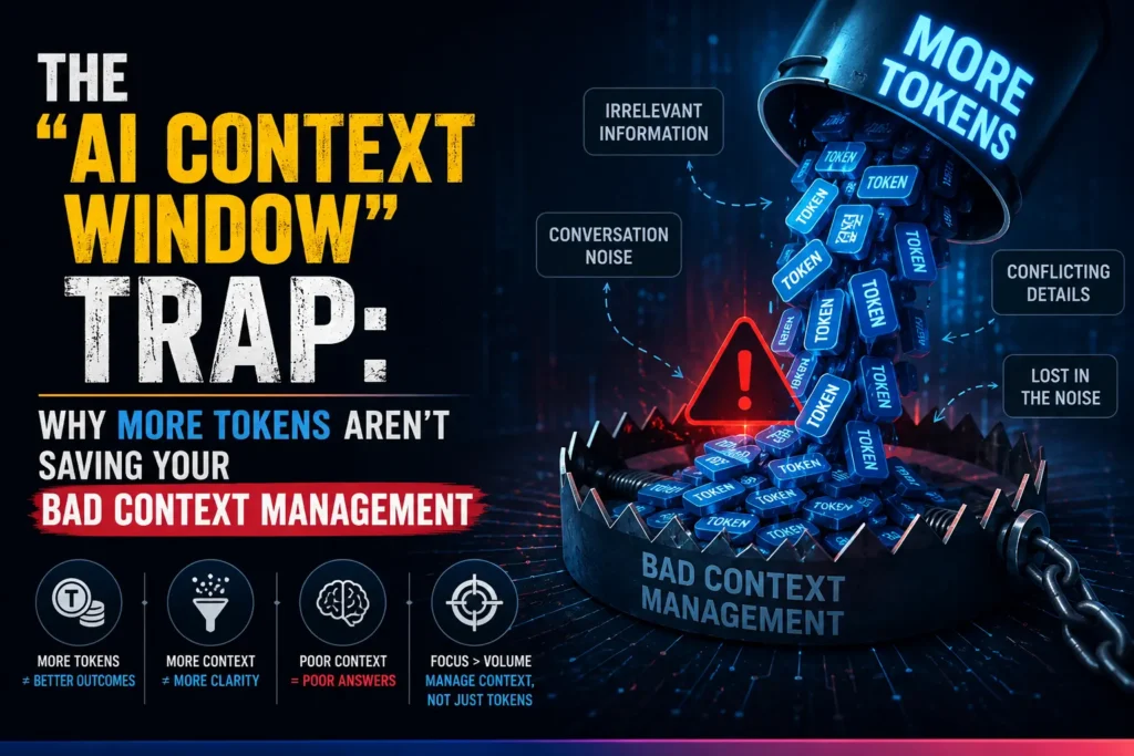 A dark, futuristic banner illustrating the concept of AI context management. On the left, large bold text reads, “The ‘AI Context Window’ Trap: Why More Tokens Aren’t Saving Your Bad Context Management.” On the right, a bucket labeled “More Tokens” pours glowing blue token blocks into a steel bear trap labeled “Bad Context Management,” with a red warning symbol at its center. Callout boxes highlight issues such as irrelevant information, conversation noise, conflicting details, and lost context. Along the bottom, four icons reinforce the message that more tokens do not automatically produce better outcomes and that effective context management matters more than context size. The overall design uses a dark blue cyberpunk theme with neon lighting and high-contrast typography.