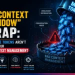 A dark, futuristic banner illustrating the concept of AI context management. On the left, large bold text reads, “The ‘AI Context Window’ Trap: Why More Tokens Aren’t Saving Your Bad Context Management.” On the right, a bucket labeled “More Tokens” pours glowing blue token blocks into a steel bear trap labeled “Bad Context Management,” with a red warning symbol at its center. Callout boxes highlight issues such as irrelevant information, conversation noise, conflicting details, and lost context. Along the bottom, four icons reinforce the message that more tokens do not automatically produce better outcomes and that effective context management matters more than context size. The overall design uses a dark blue cyberpunk theme with neon lighting and high-contrast typography.