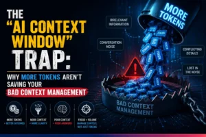 A dark, futuristic banner illustrating the concept of AI context management. On the left, large bold text reads, “The ‘AI Context Window’ Trap: Why More Tokens Aren’t Saving Your Bad Context Management.” On the right, a bucket labeled “More Tokens” pours glowing blue token blocks into a steel bear trap labeled “Bad Context Management,” with a red warning symbol at its center. Callout boxes highlight issues such as irrelevant information, conversation noise, conflicting details, and lost context. Along the bottom, four icons reinforce the message that more tokens do not automatically produce better outcomes and that effective context management matters more than context size. The overall design uses a dark blue cyberpunk theme with neon lighting and high-contrast typography.